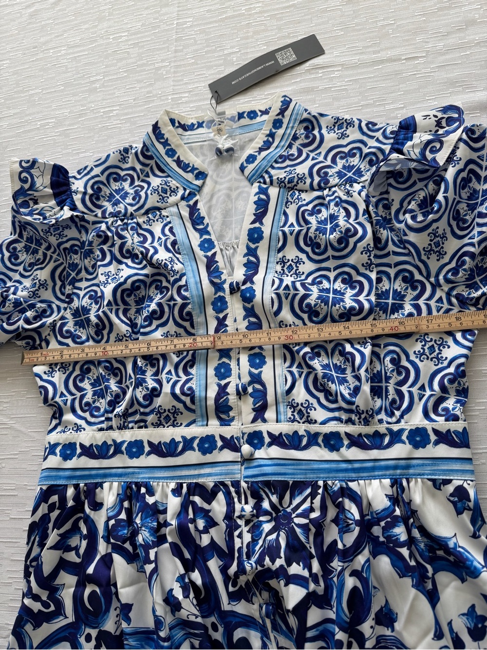 Lai Meng Five Cats Mini Dress Women's  Blue White Floral Puff Sleeve NWT Size M - Picture 5 of 9
